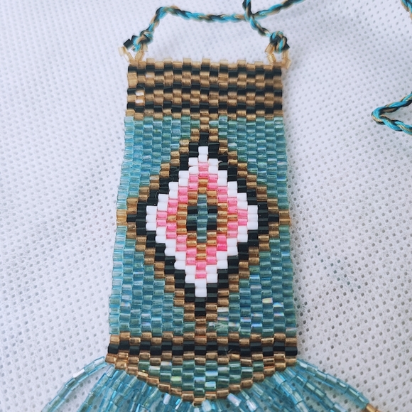 Light Blue Pink Black White Seed Bead Vintage Corded Slide Necklace Loom Work - Picture 11 of 12